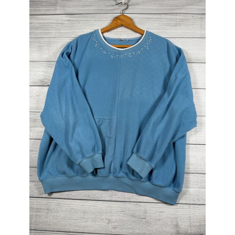 Vintage Womens 3X Blue Fleece Rhinestone Embellished Crewneck Sweatshirt 4056